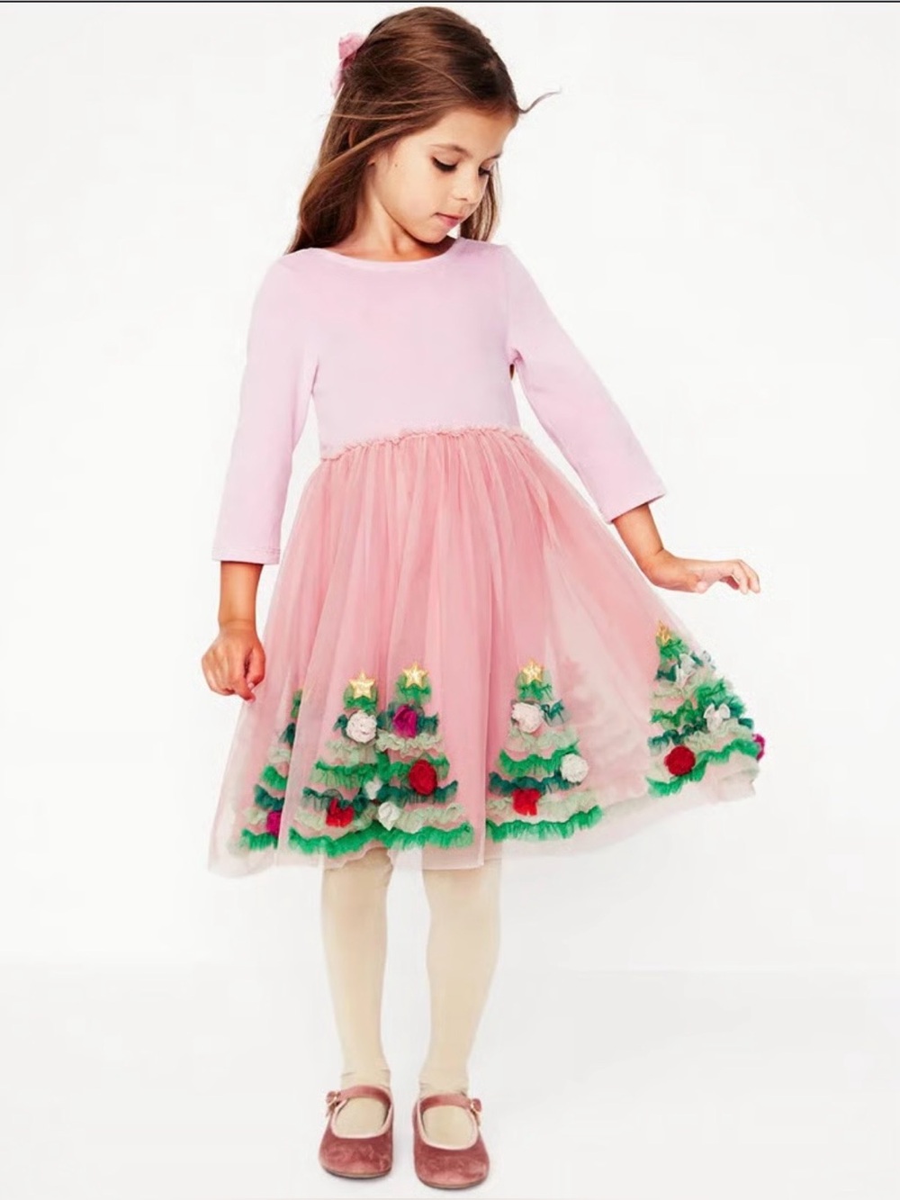 Mini Boden Pink Velvet Tulle Holiday Dress with Green Christmas Tree Appliqués